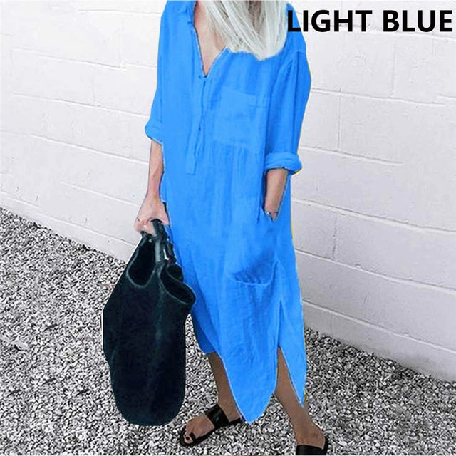 Women's V-neck Solid Color Slim Dress Women's V Neck Pure Color Slit Dress