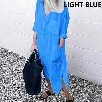 Women's V-neck Solid Color Slim Dress Women's V Neck Pure Color Slit Dress