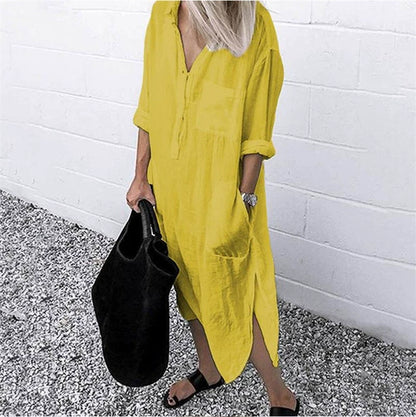 Women's V-neck Solid Color Slim Dress Women's V Neck Pure Color Slit Dress