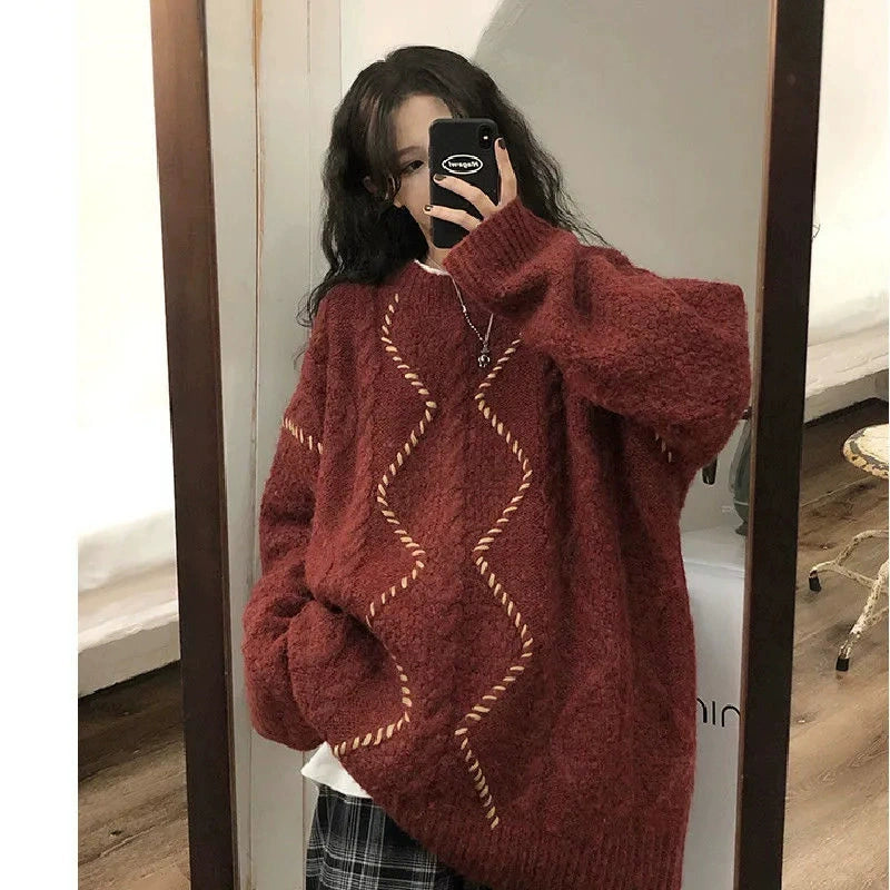 Red Cable Loose-Fitting Winter Sweater Top Christmas