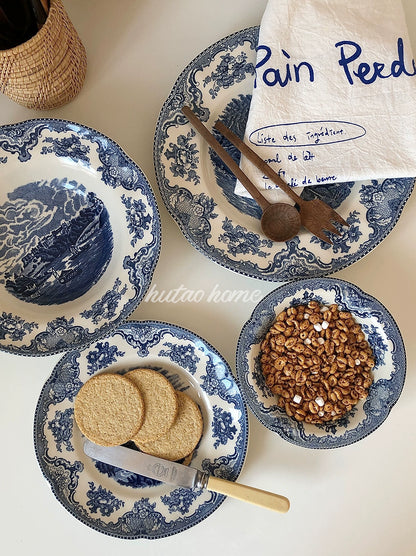 INS Style British Retro Blue Color Plate Breakfast Plate Dessert Plate Salad Bowl Italian Pasta Dish Soup Bowl Steak Plate