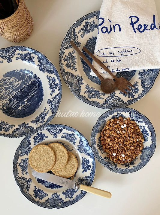 INS Style British Retro Blue Color Plate Breakfast Plate Dessert Plate Salad Bowl Italian Pasta Dish Soup Bowl Steak Plate