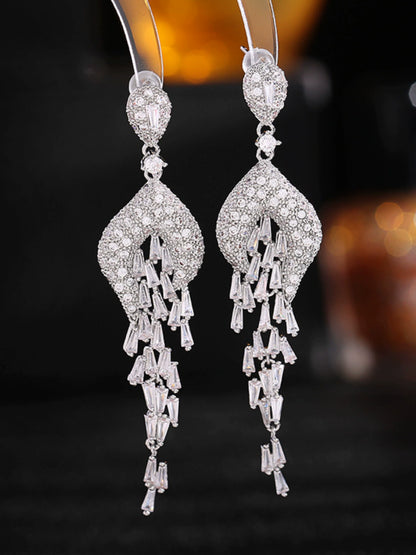 Sterling Silver Inlaid Zircon Long Banquet Earrings