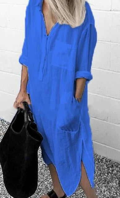 Women's V-neck Solid Color Slim Dress Women's V Neck Pure Color Slit Dress