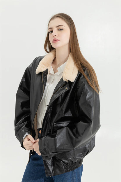 Winter Women's Fur Leather Jacket Long Sleeved Loose Warm Lamb Wool Vintage Thickened Locomotive Lapel Female PU Motorcycle Coat