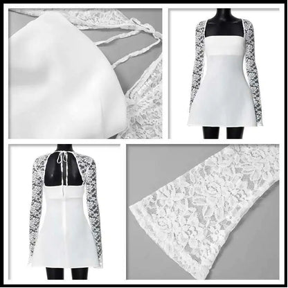 Townlike Lace Patchwork Waist Wrap A-line Dress Women Mini 2024 Autumn Winter Dress Backless Nightclub Sexy Party Dresses