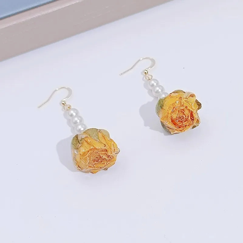 Unique Immortal Flower Earrings Elegant Natural Flower Pearl Drop Earrings Statement Jewelry Epoxy Resin Real Rose Earring 2024