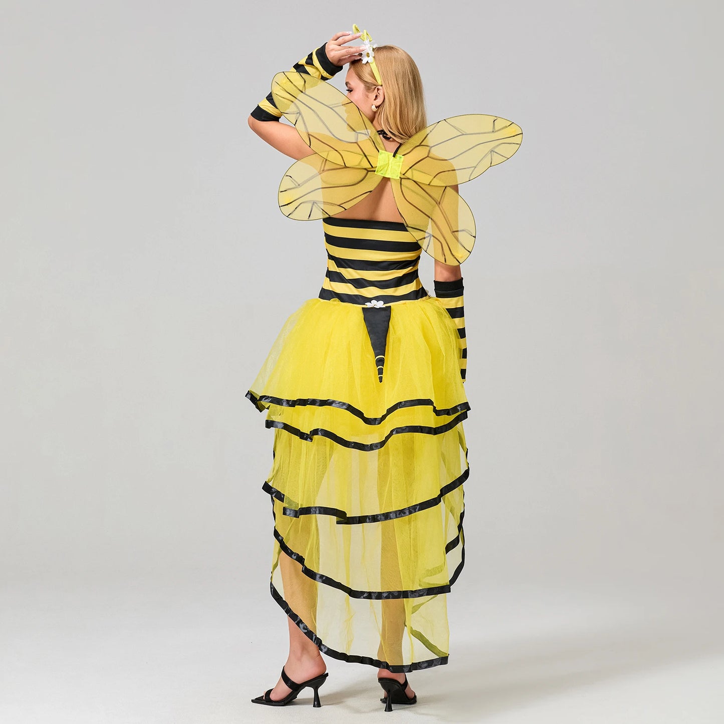 Women's Halloween Cosplay Bee Costume, Bee Queen Halloween Party Cosplay Dress, Wings, Headband, and Arm Sleeve Fancy Costume