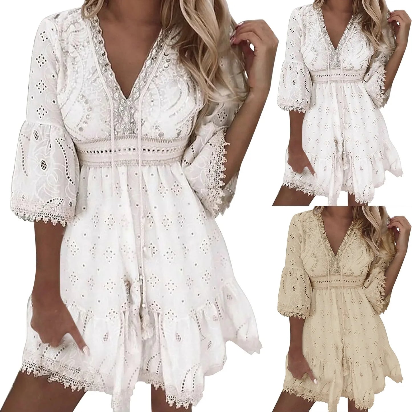Summer Boho White Dresses for Women Lace Hollowed Crochet Cotton Dress Lady Beach Sundress Short Sleeve Loose A Line Dress Robe