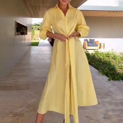 Summer New Women's Casual Long Sleeve Pure Color Slimming Dress Shirt Empire Waist Ankle Length Polo Collar Cross-Border Fashion