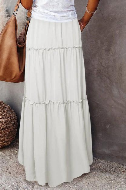 Women's Spring  Autumn New Long Skirt Solid Color Fashionable Mushroom Layered Skirt High Waist Elastic Ruffle Skirt