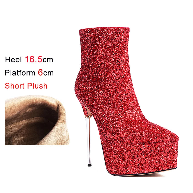 2025 New Autumn Winter Shiny Stiletto Ankle Boots Woman High Heels Glitter Bling Short Boots Women Platform Pointed Toe Shoes
