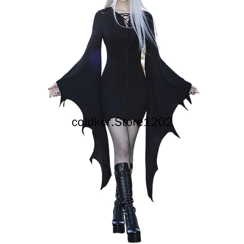 Medieval Vampire Cosplay Costume Women Sexy Slim Gothic Black Dress Vintage Bat Sleeve Witch Halloween Carnival Party Dresses