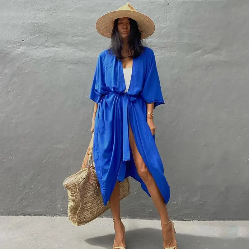 WeHello-Women's Beach Cover Up Kimono, Summer Swimsuit Cape, Solid Bohemian Tunic Dresses, Bathing Suits, Cardigan, Shawl