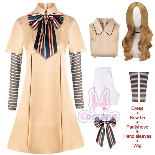 M3GAN cosplay costume for kids including dress, bow tie, pantyhose, hand sleeves, and wig