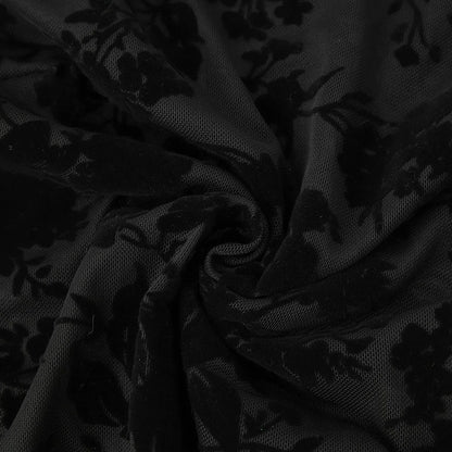 Sexy Women's Black Floral Flocking Sheer Mesh Mock Neck Long Sleeve Bodysuit