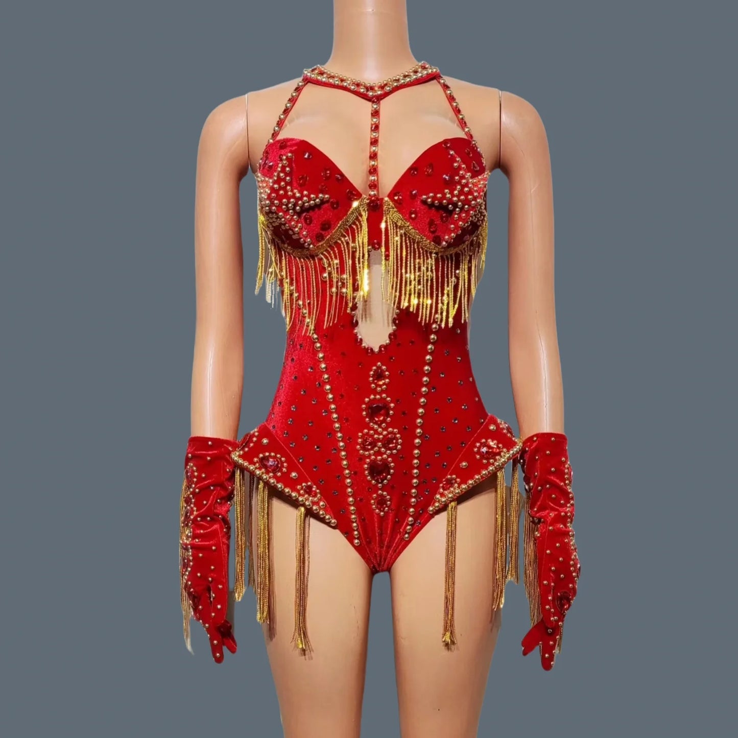 Women Sparkly Rhinestone Red Bodysuit 4Pieces Set Nightclub Party Stage Show Outfit Cabaret Carnival Showgirl Sexy Wear Hongding