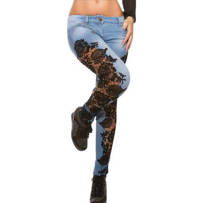 Hollow Out Floral Lace Pants Women Loose Applique Fashion Pencil Denim Jeans Women's Lifts Buttock Jeans Ladies Large Size Pants