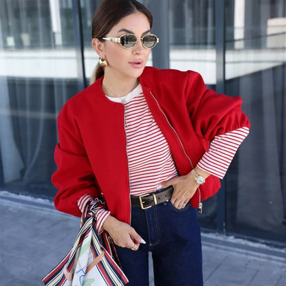 MUJER Red Zipper Bomber Jackets for Women Soft Cropped Jackets Woman 2025 Long Sleeve Woman's Sports Jacket New in Outerwears