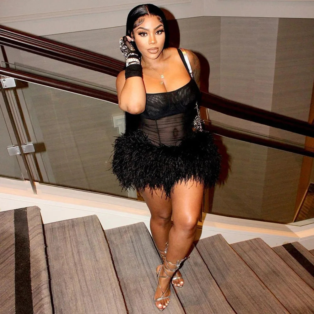 HLJ Black Sexy Mesh Perspective Patchwork Party Nightclub Dresses Women Thin Fur Mini Suspended Dress Female Halloween Clothing