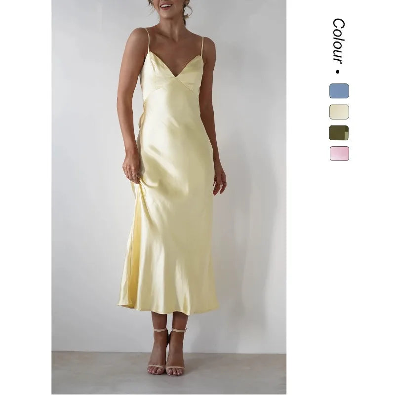 EtherealBe Sexy Satin Halter Dress in Olive Green