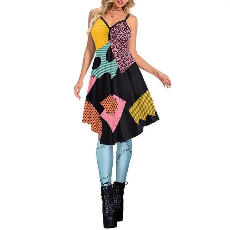 Zawaland Christmas Horror Sally Cosplay Costume Zombie Dress for Women Halloween Dress Up Funny Party Dresses Leggings Suit