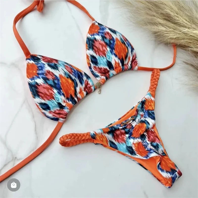 8 Colors) 2023 New Brazilian Women's Bikini Roped Swimsuit Set Split European And American Women's Printed Sexy Beach Swimwear