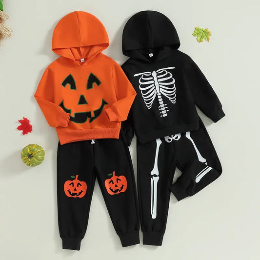 3-7 Years Kids Halloween Outfit Pumpkin/Skeleton Print Long Sleeve Hooded Sweatshirt Long Pants 2Pcs Autumn Winter Set