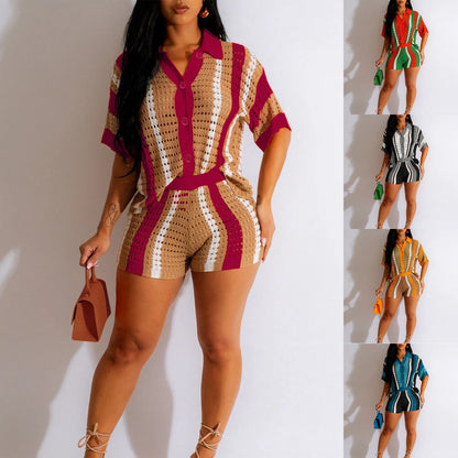 Women Summer Beach Vacation Two 2 Piece Outfits Crochet Sets Causal Knit Short Sleeve Button Down Shirt And Shorts Matching Set