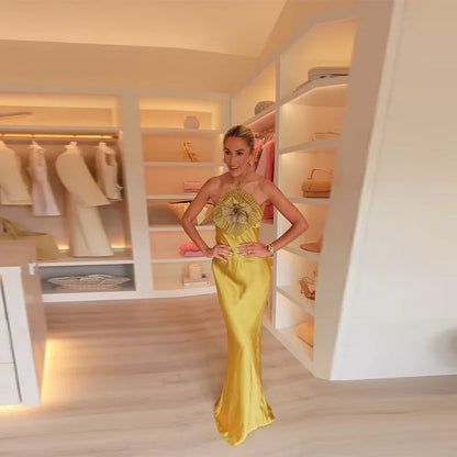 Elegant Party Women's Dress 3D Flower Halter Sleeveless Backless Mermaid Satin Female Dresses 2025 Summer Chic Evening Lady Robe