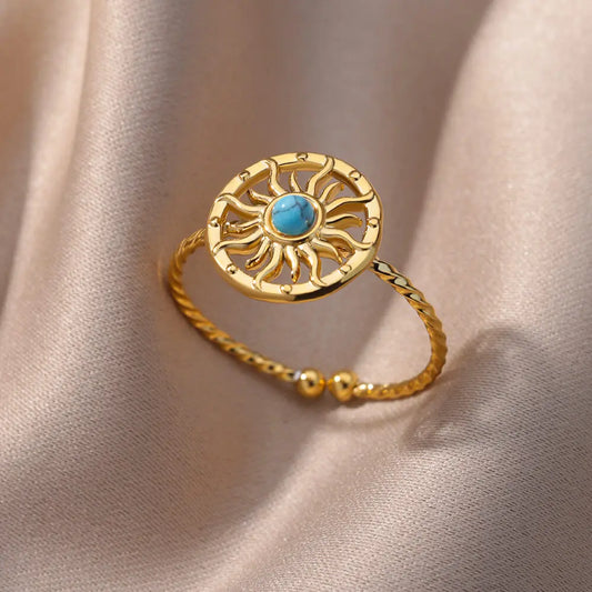 Trend Pink Oval Opal Stainless Steel Rings For Women Vintage Natural Stone Cute Sun Jewelry Classic Gold Color Minimalism Ring