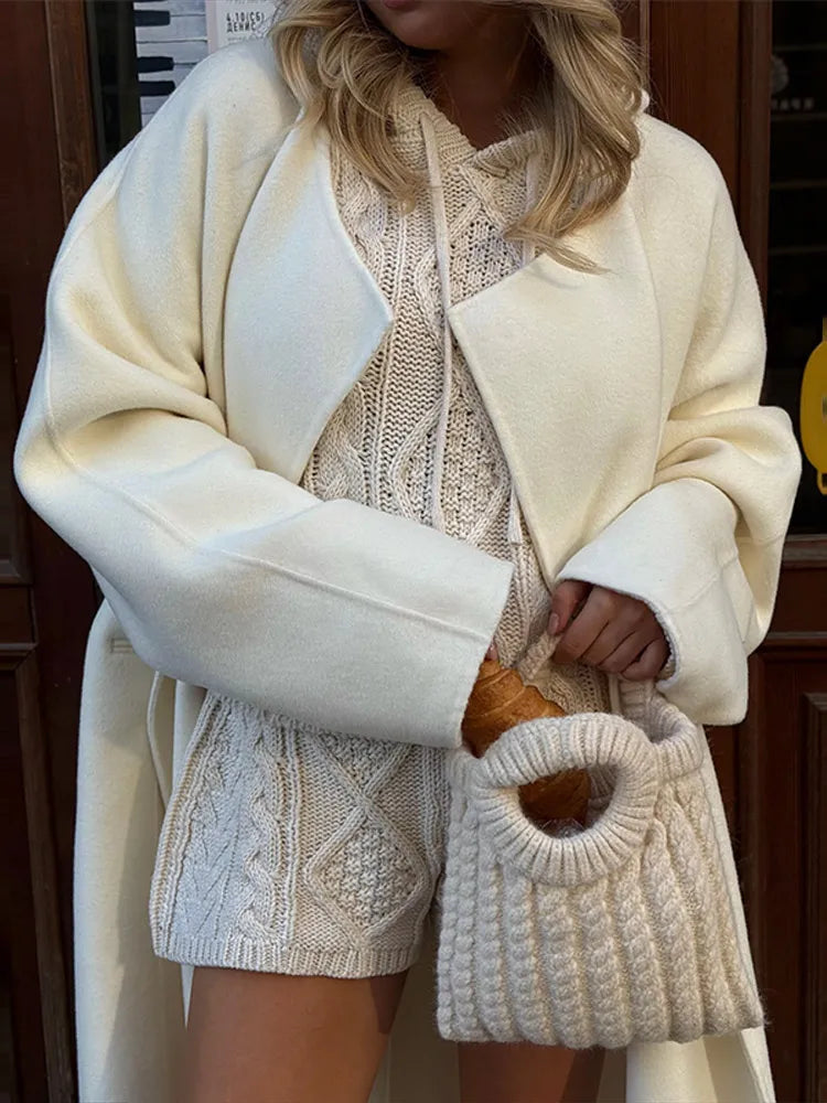 White Cable Knit Argyle Hooded Co-ord Set Long Sleeve Sweater Bodycon Shorts 2025 Cozy Retro Women Sets Daiy Casual Lady Outfit