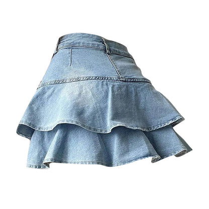 Y2k Skirt Women Ruffles Double Layer High Waisted Light Blue Denim Skirt JK Uniforms Irregular Curved Streetwear Korean Skirt