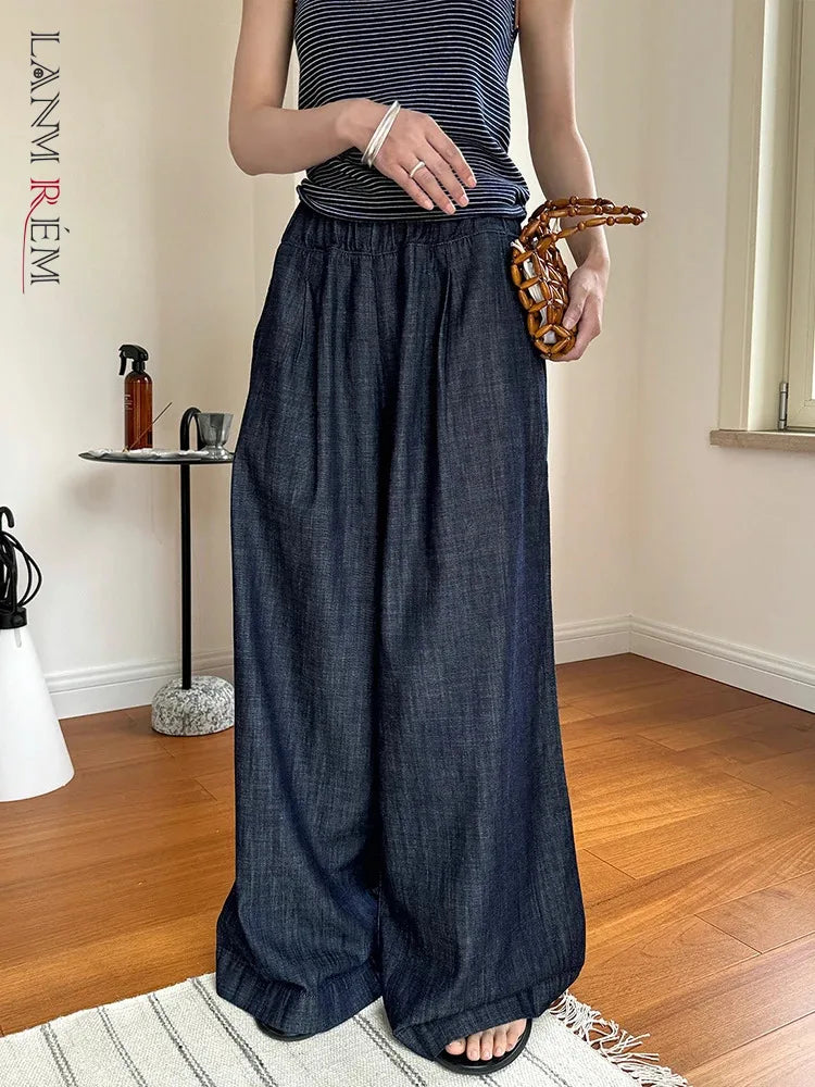 [LANMREM] Vintage Elastic High Waist Jeans For Women Straight Wide Leg Denim Pants Sunscreen Trousers 2024 Summer New 26D9421