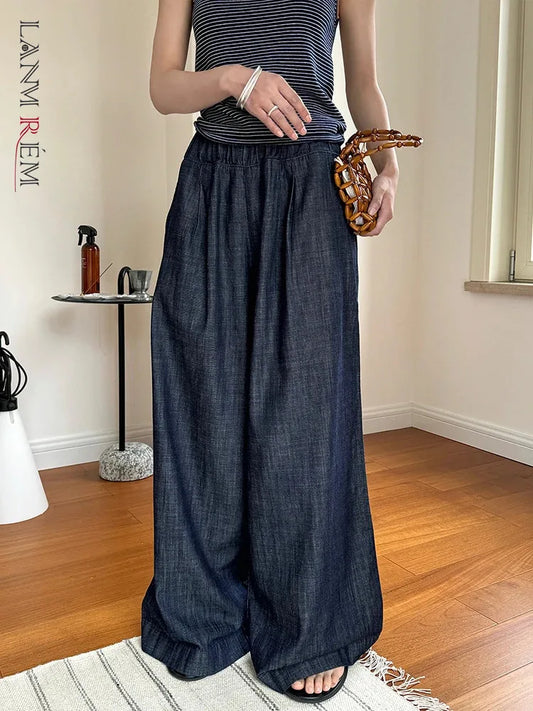 [LANMREM] Vintage Elastic High Waist Jeans For Women Straight Wide Leg Denim Pants Sunscreen Trousers 2024 Summer New 26D9421