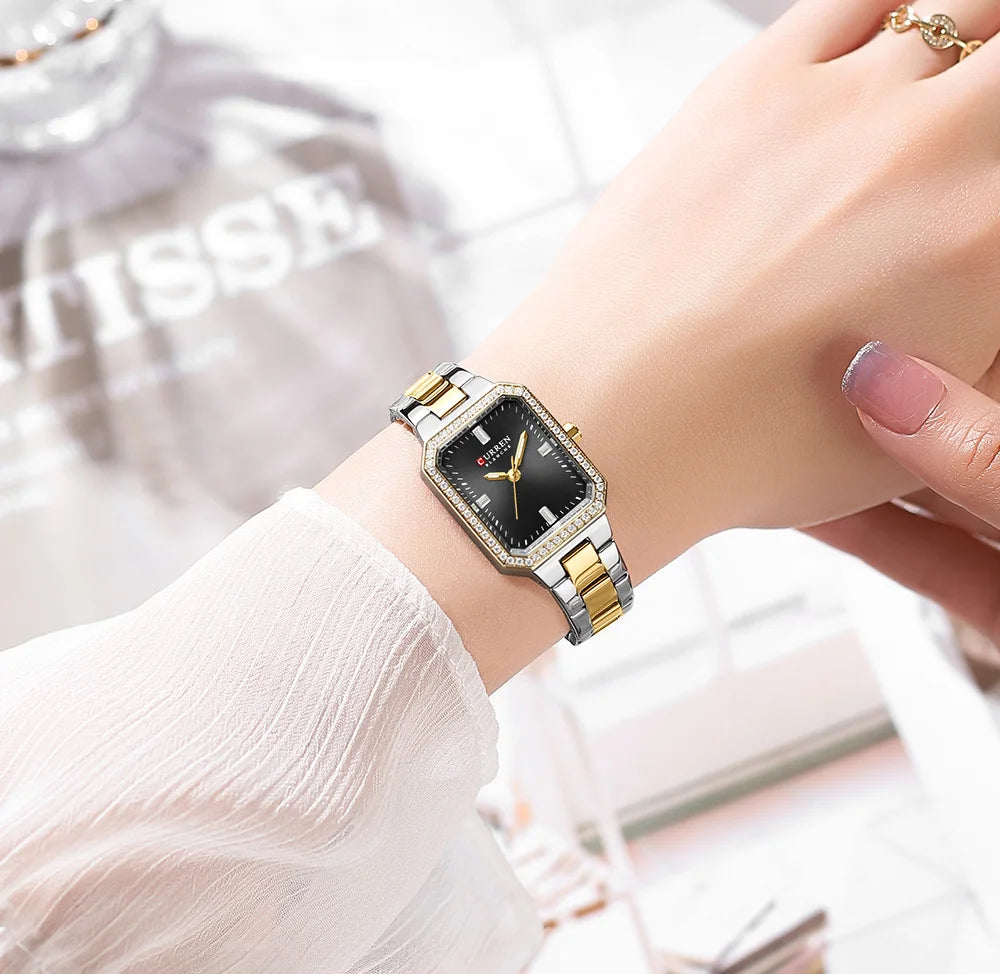 CURREN Luxurious Elegant Women's Watches Classic Rectangular Dial with Rhinestones Luminous Hands Waterproof