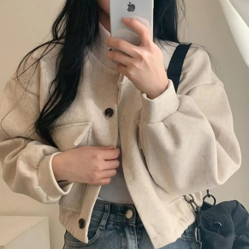 Autumn and Winter Loose Wool Coat for Women's Pocket Stand Collar Top Long Sleeve Button Hong Kong Style Wool Coat