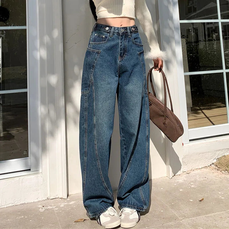 Autumn 2025 High Waist Slim Tapered Wide Leg Jeans Y2K Vintage Blue Denim Pants Dongdaemun Curved Hem for Women