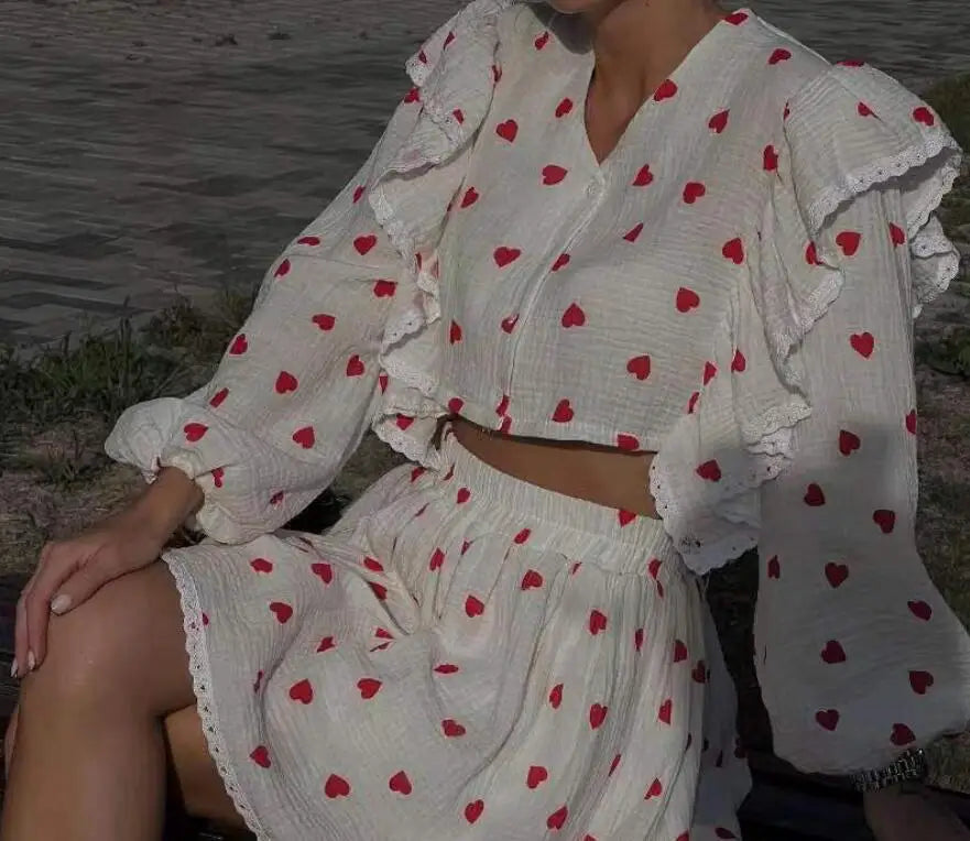 Spring And Summer New Fashion Ruffle Edge Long Sleeved Printed Shirt + Elastic Waist Short Skirt Set For Women,4 Colors