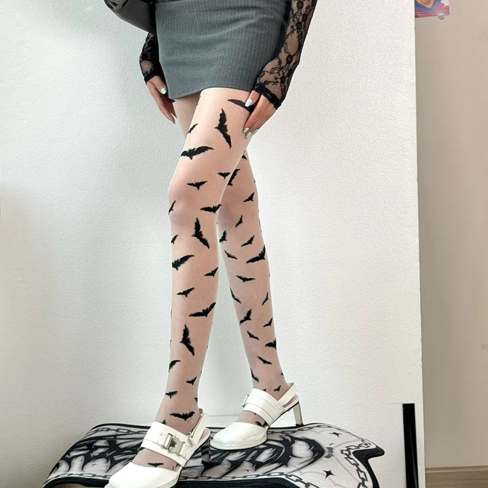 EtherealBe Halloween bat pattern tights for women in sheer style, perfect for spooky season outfits