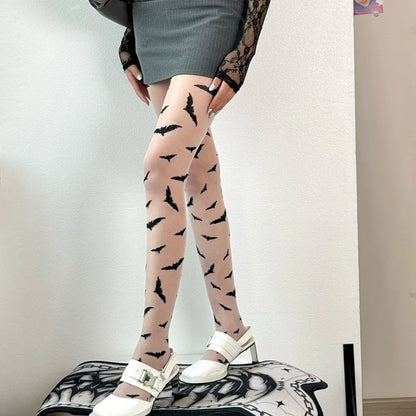 EtherealBe Halloween bat pattern tights for women in sheer style, perfect for spooky season outfits