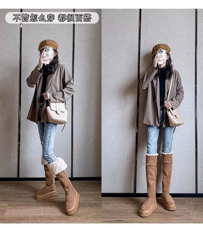 Turned-over Edge Knee-high Snow Boots Flat with Slip-on Ladies Shoes 2024 High Quality Round Toe Mid Heel Concise Women's Boots