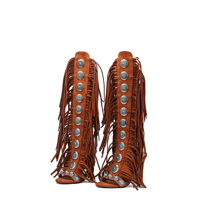 Real cow suede leather  tassels women sandals peep toe jewel lace up 10cm high heels