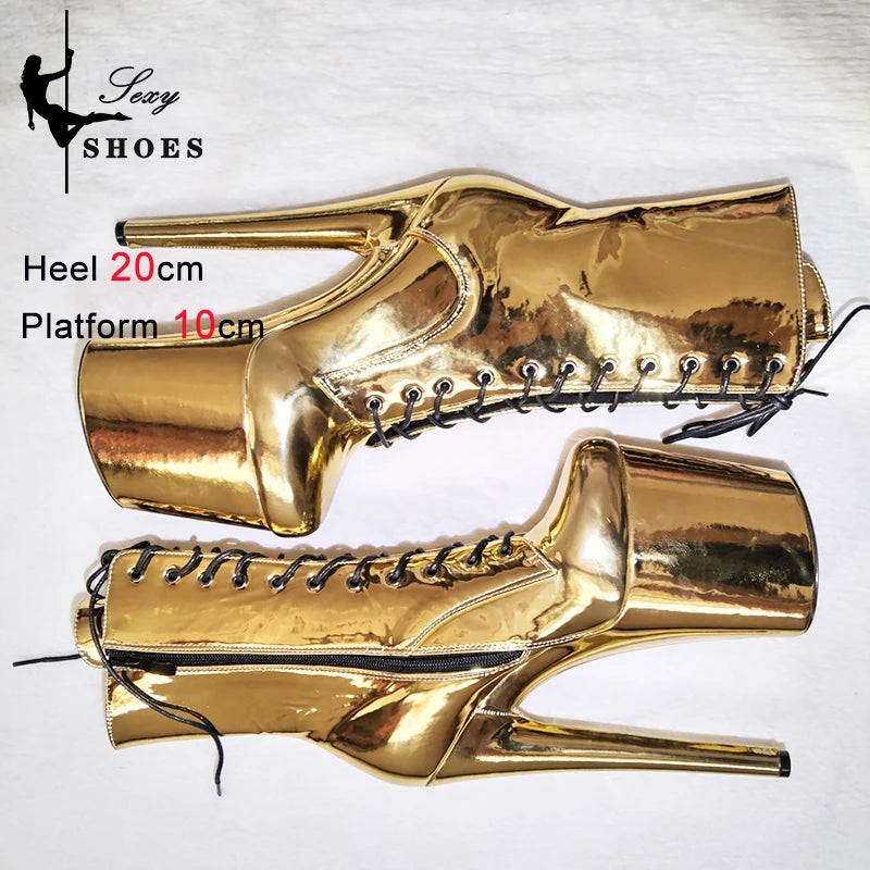 New Gold Shoes for Women 2025 Platform Heels Pole Dance Stripper 20cm/8Inch Sexy Ankle Boots Round ToeThin Heels Ladies Shoes