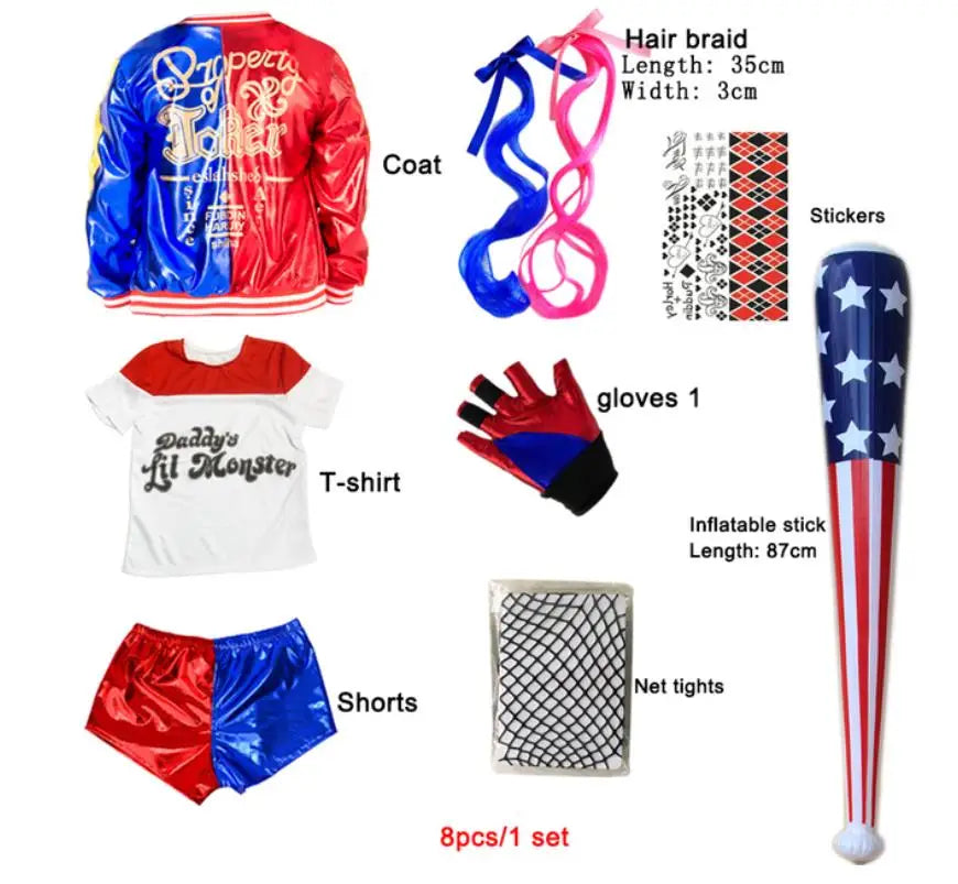 EtherealBe Harley Quinn kids cosplay costume set with coat, t-shirt, shorts, and accessories