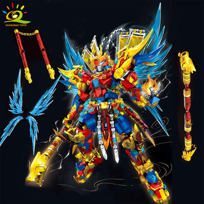 HUIQIBAO SunWuKong Warrior Mech Robot Building Blocks MOC Chinoiserie Action Figure Brick Children City Construction Display Toy