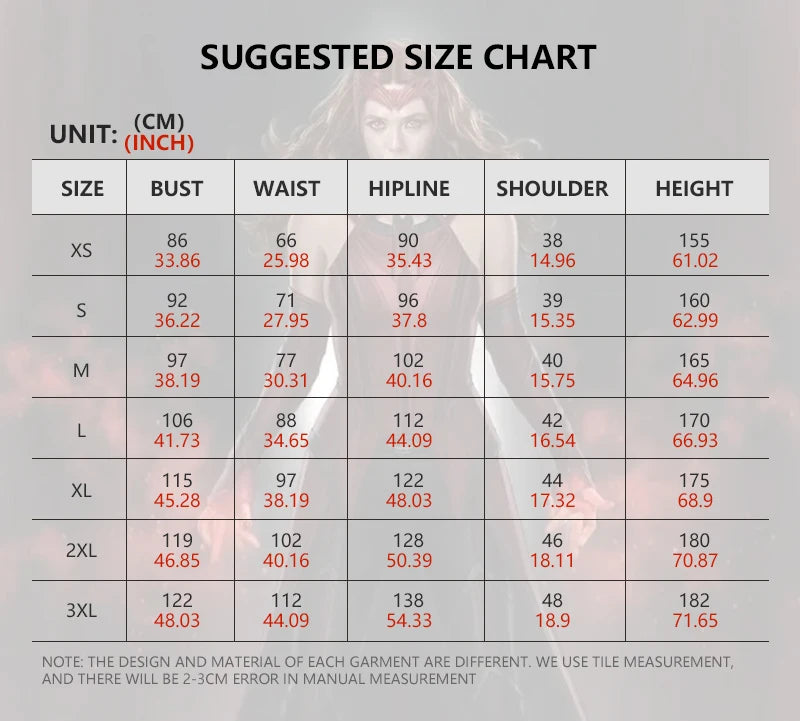 Size chart for Scarlet Witch Wanda Vision Halloween cosplay costume with measurements in inches