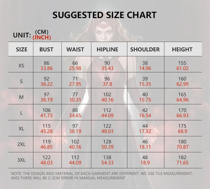 Size chart for Scarlet Witch Wanda Vision Halloween cosplay costume with measurements in inches