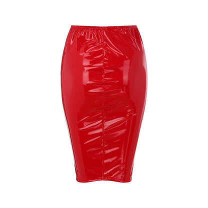 Skirt Women Plus Size Knee Length Shiny Pu Leather High Waist Skirt Tight Hip Pack Zipper Slit Skirt Elastic Faldas Largas