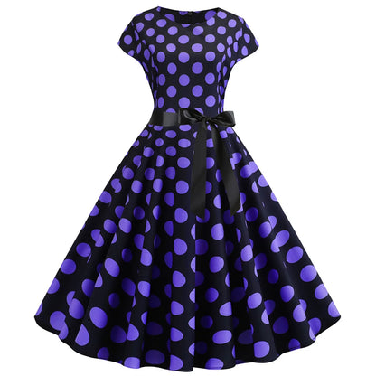 Women Vintage 1950s 60s Polka Dot Print High Waist A-line Swing Party Dress Retro Short Sleeve With Belt Evening Prom Dress